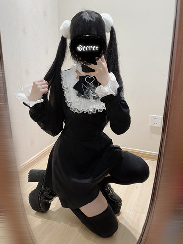 天国阶梯【四团】蕾丝黑色长袖刺绣收腰拼接量产型蕾服连衣裙