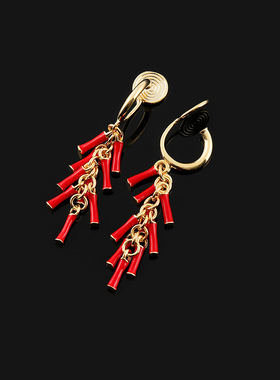 EH1110新年红色鞭炮流苏耳扣耳环中国风喜庆耳饰蚊香盘耳夹无