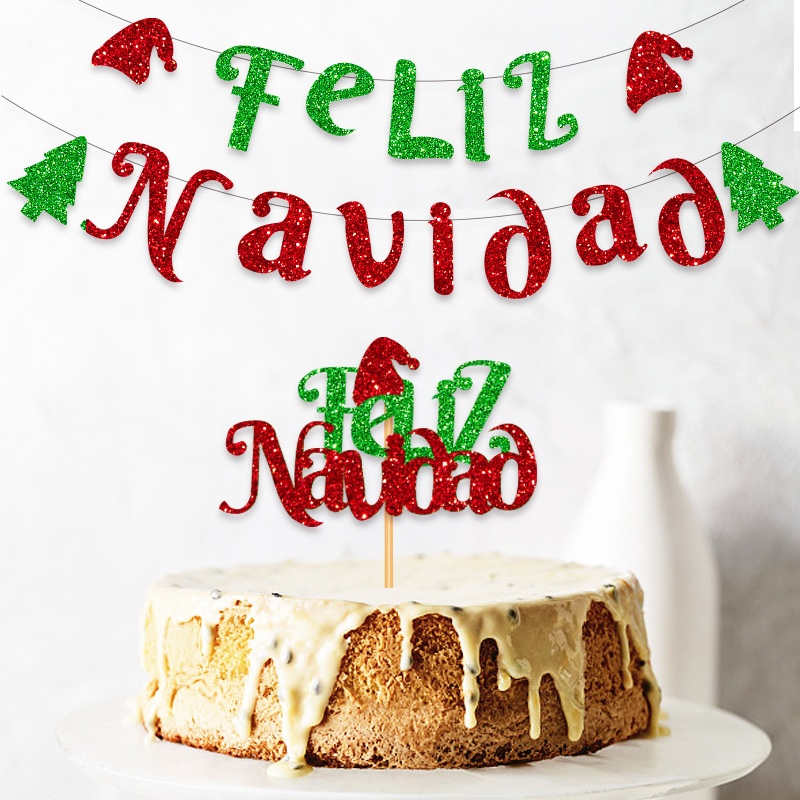 圣诞主题派对西语feliz navidad拉旗蛋糕插签套装装饰跨境
