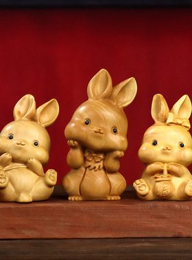 黄杨木雕家居车摆件萌萌生肖兔子创意文玩收藏男女随身把玩手把