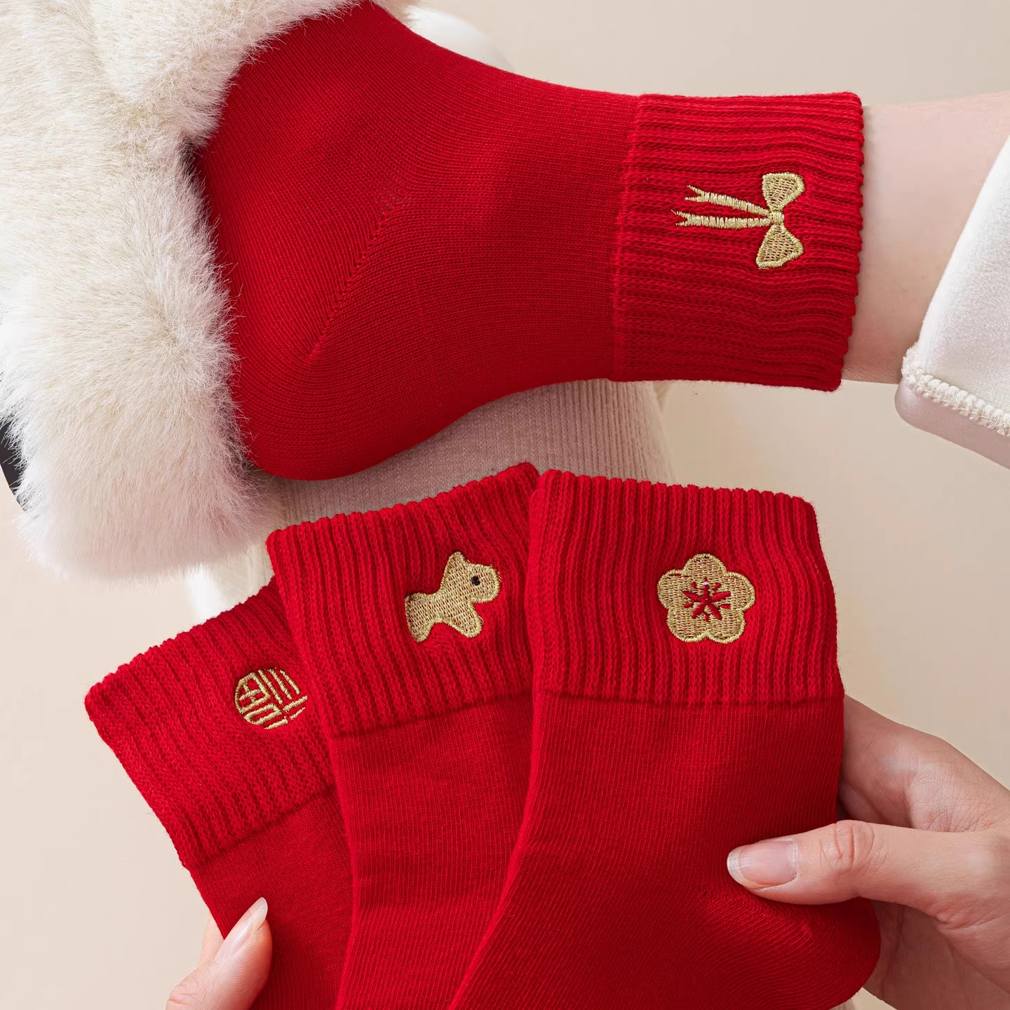 本命年红袜子女马年中筒刺绣无骨