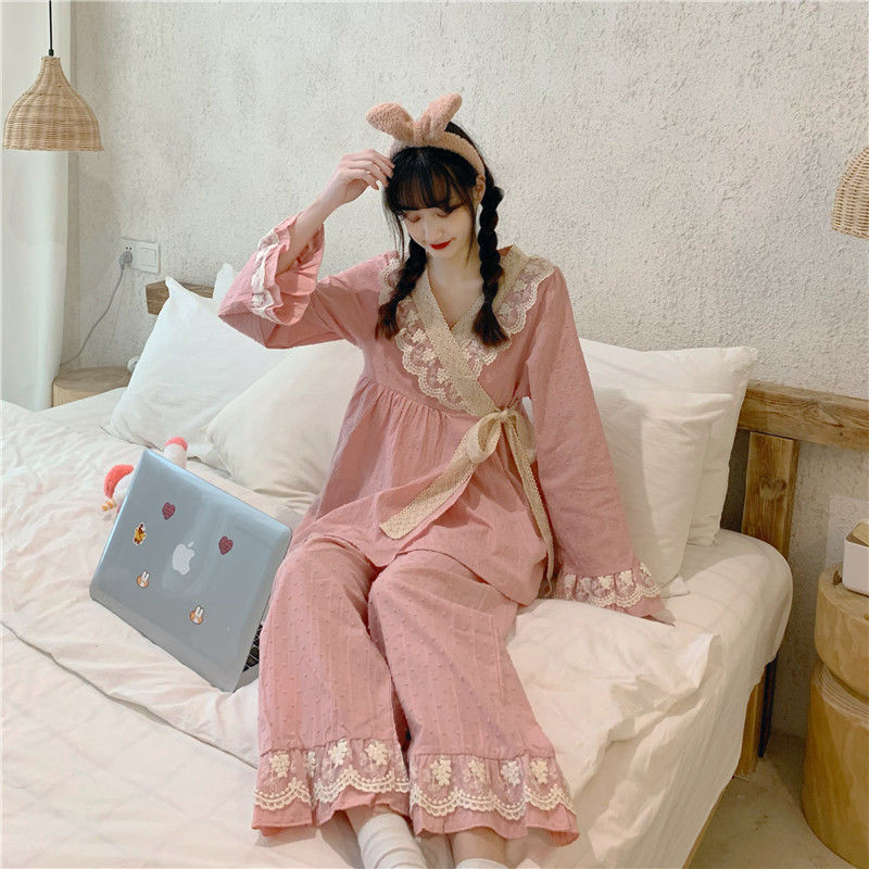 甜美和服系带花边宽松居家服长袖