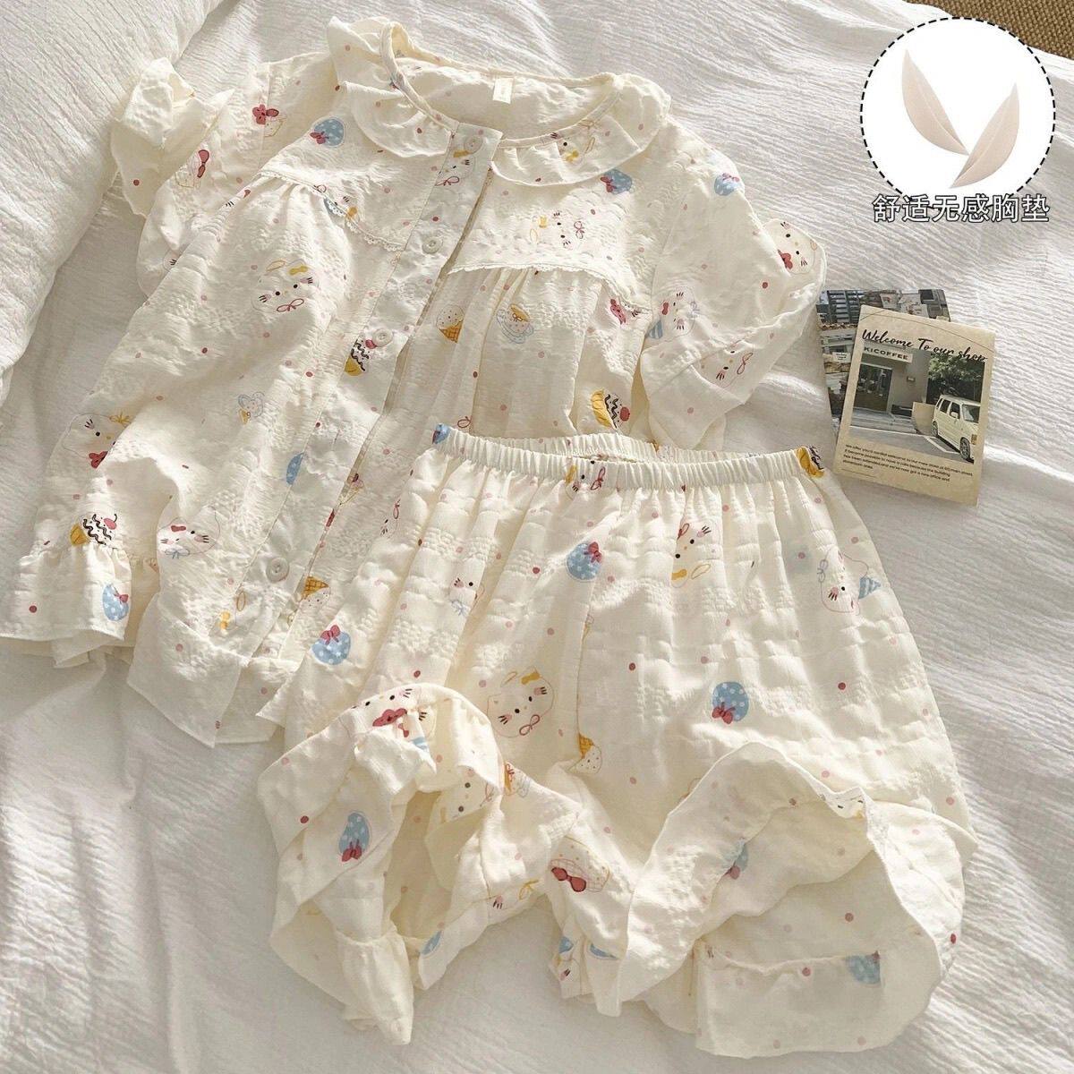 夏季云朵棉带胸垫女睡衣套装