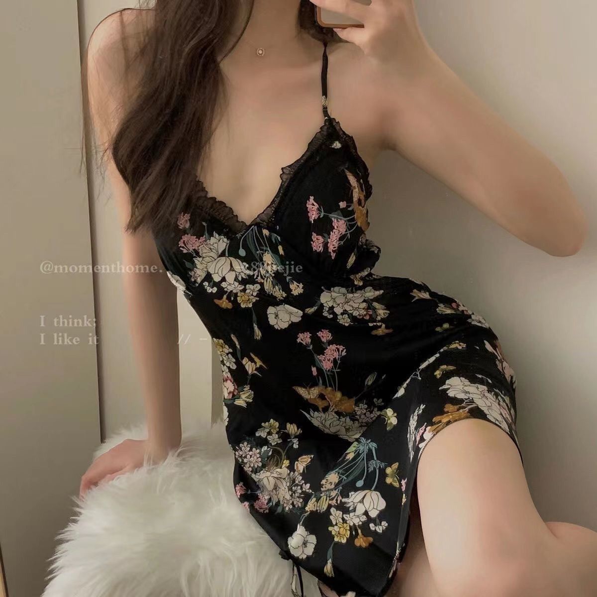 夏季冰丝蕾丝带胸垫睡裙女家居服