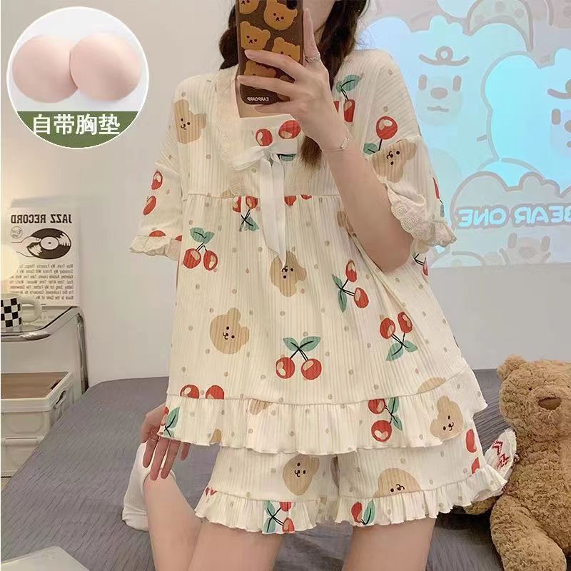 夏季女带胸垫短袖短裤家居服套装