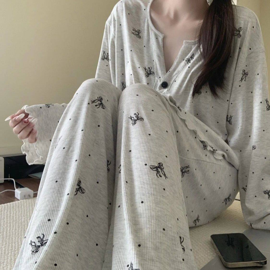 韩版波点蝴蝶结女春秋睡衣套装