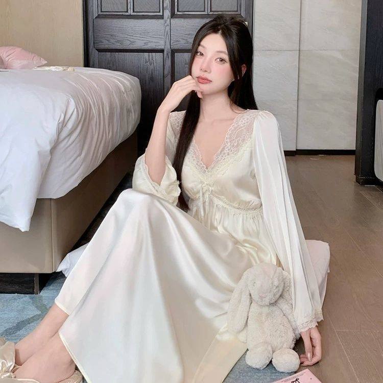 新款冰丝睡裙女款春秋季长袖长款法式性感蕾丝睡衣带胸垫女士