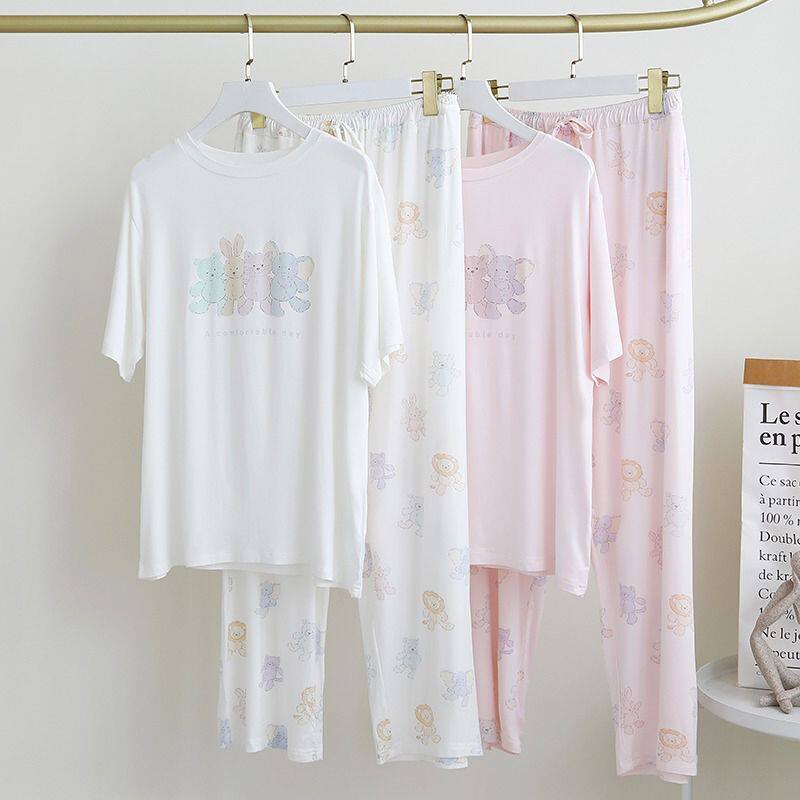 春夏季莫代尔休闲动物圆领短袖长裤家居服套装卡通简约女士睡衣