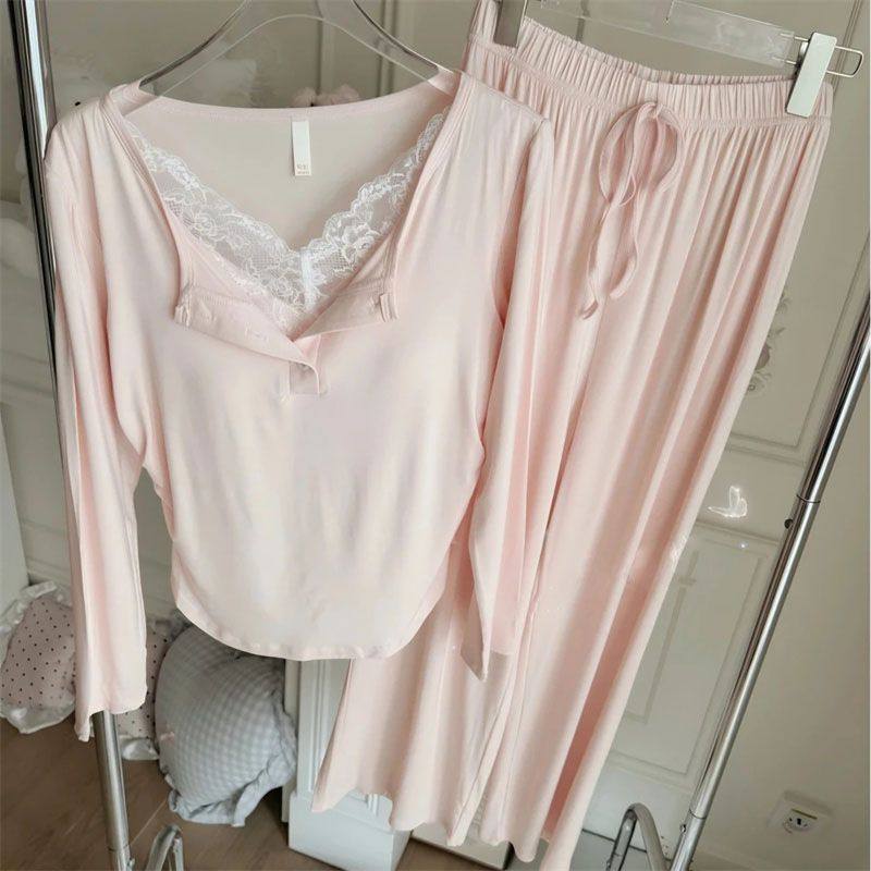 带胸垫睡衣女春秋长袖两件套时尚蕾丝花边漂亮家居服可外穿洋气仙,女士内衣/男士内衣/家居服,睡衣/家居服套装,淘宝优惠券,粉丝福利购,淘宝优惠卷