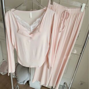 带胸垫睡衣女春秋长袖两件套时尚蕾丝花边漂亮家居服可外穿洋气仙