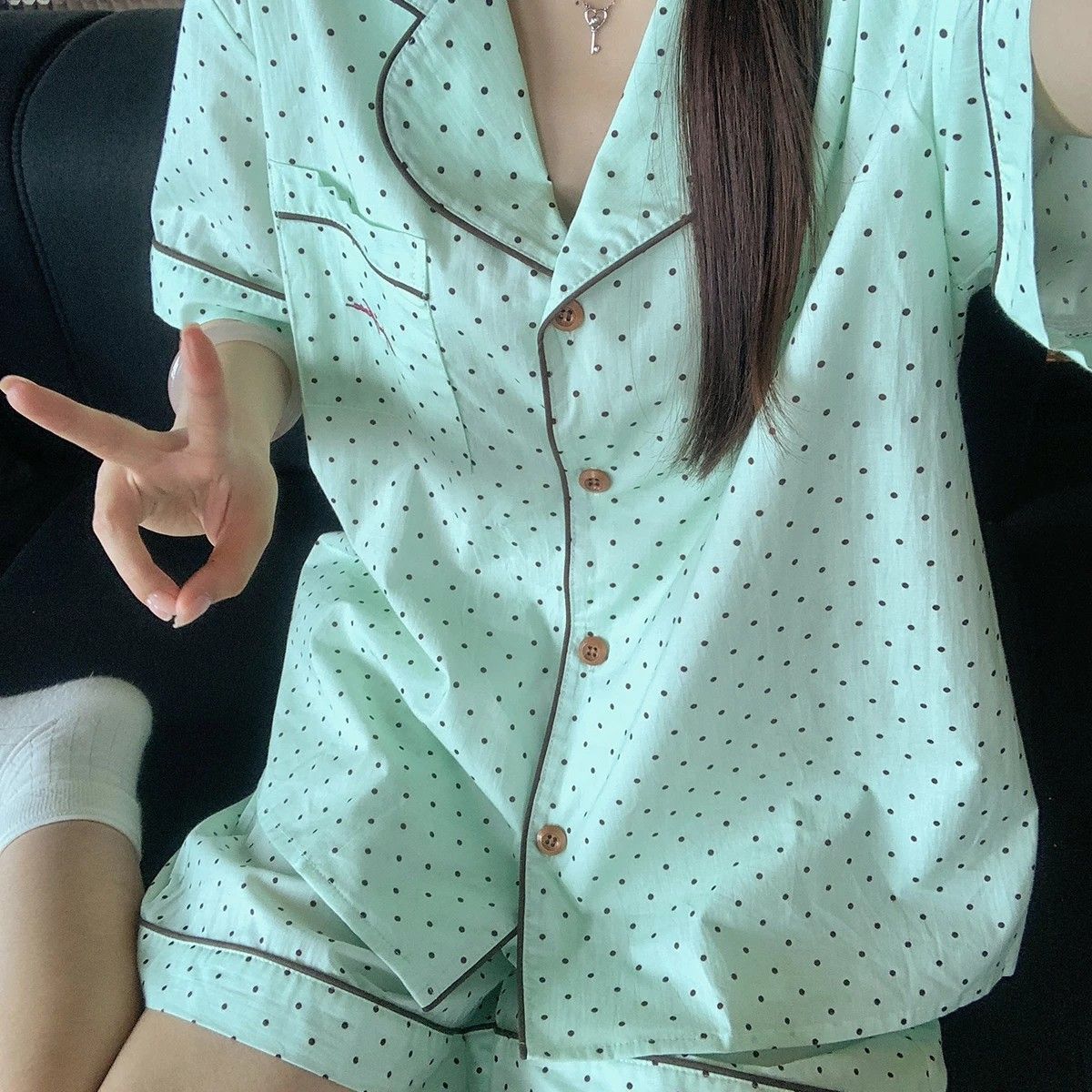 夏季薄荷绿波点甜美睡衣套装女
