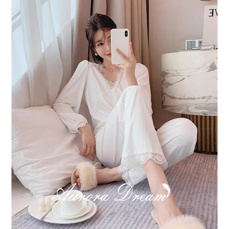 长袖睡衣女莫代尔棉套装宫廷风