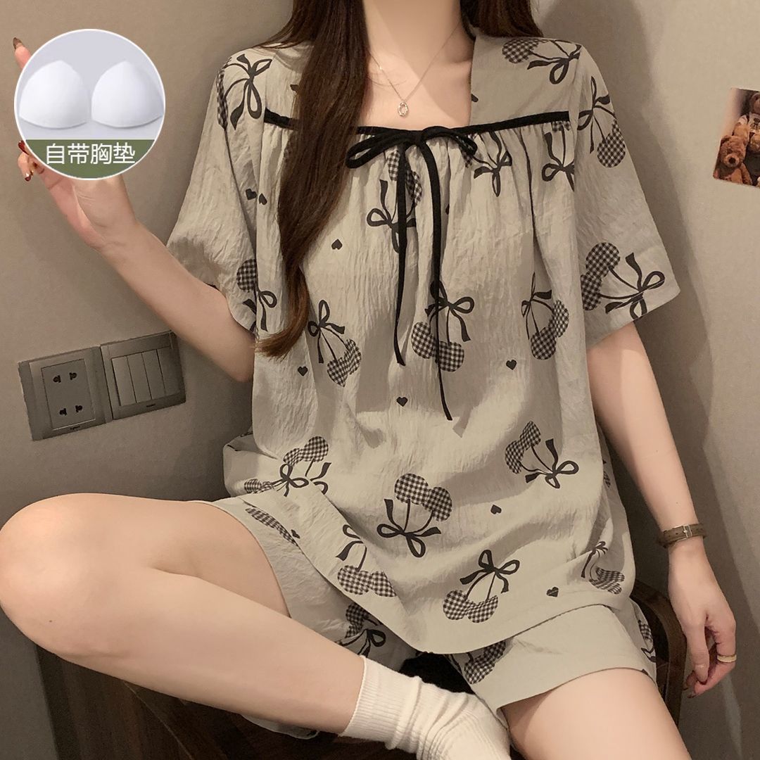 带胸垫云朵棉夏季睡衣套装女