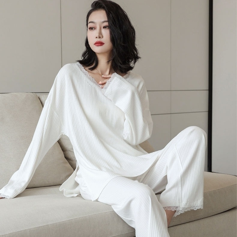 大码300斤睡衣女春秋季小众蕾丝V领休闲可外穿网红家居服长袖套装