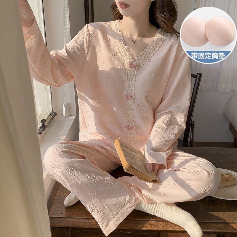 春秋公主风蕾丝胸垫睡衣套装