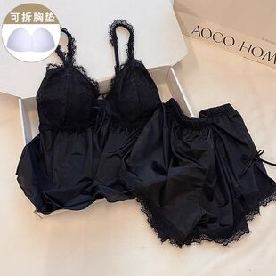 韩系ins风睡衣女款夏季冰丝绸凉感带胸垫吊带性感黑色蕾丝家居服