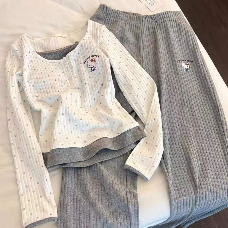 春秋女胸垫撞色可外穿睡衣套装