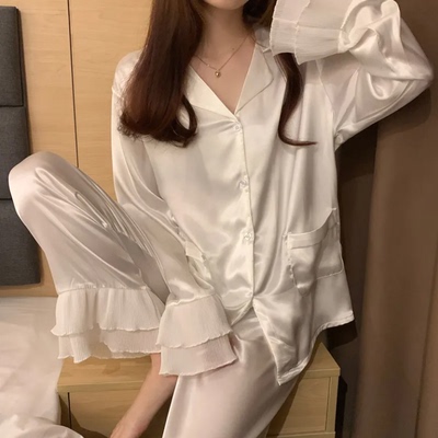 冰丝睡衣女衬衫套装女家居服薄款