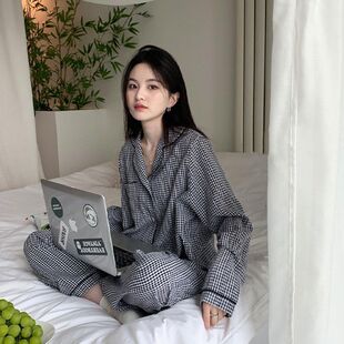 睡衣秋季女学生ins网红长袖开衫格子长裤家居服睡衣女春秋款套装