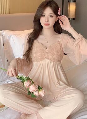 带胸垫睡衣女春秋季网纱长袖长裤套装网红甜美可爱性感秋天家居服