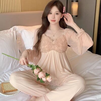 带胸垫睡衣女春秋季网纱性感套装