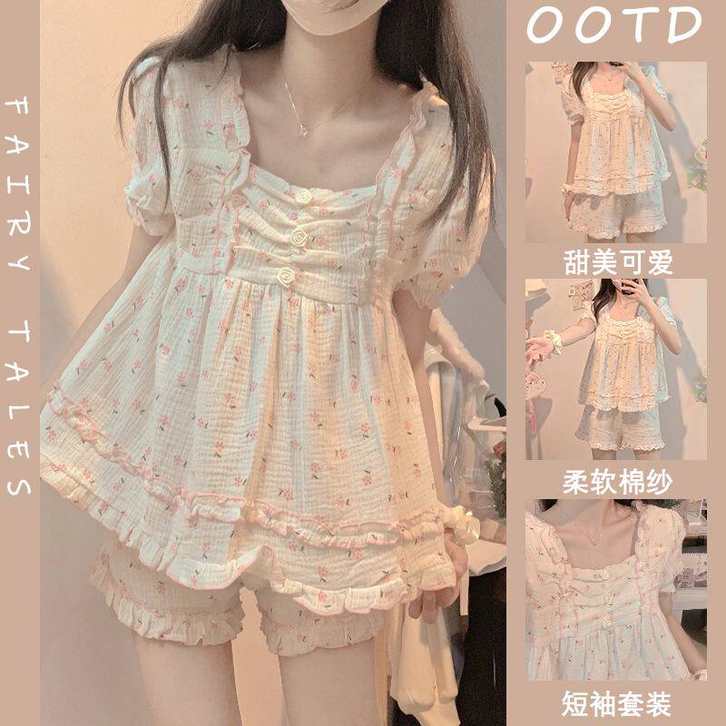 夏季甜美碎花荷叶边女睡衣套装