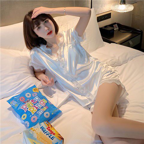 睡衣女薄款冰丝V领短袖套装夏