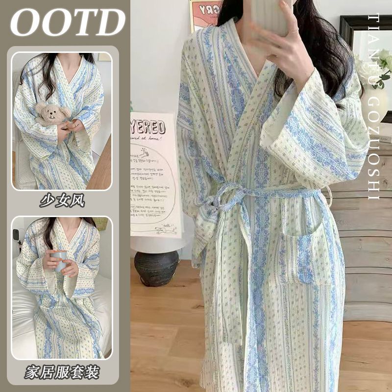 扎染女长袍睡裙春秋居家服睡衣