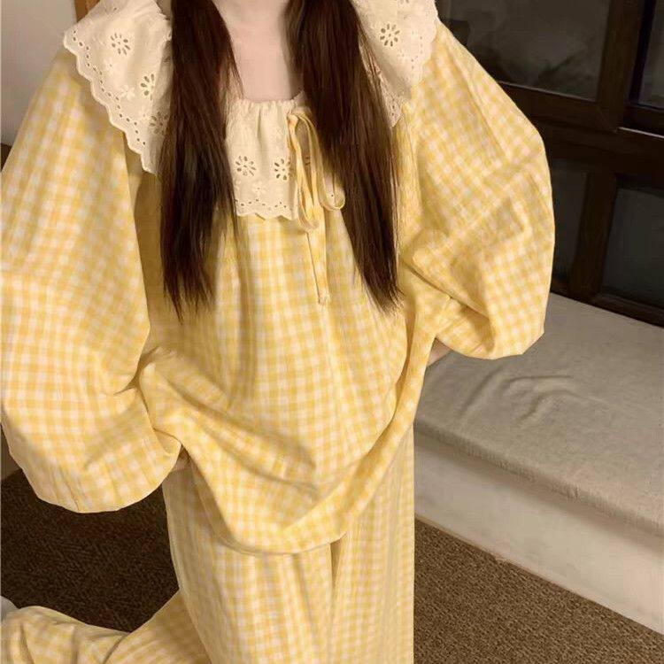 睡衣女春秋款蕾丝长袖薄款可爱甜美格子休闲大码可外穿家居服套装