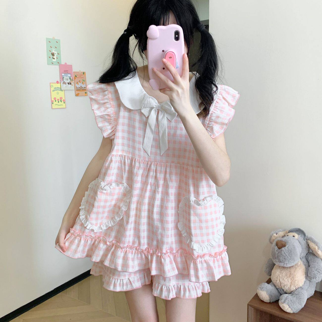 夏季甜美小格子短袖外穿家居服