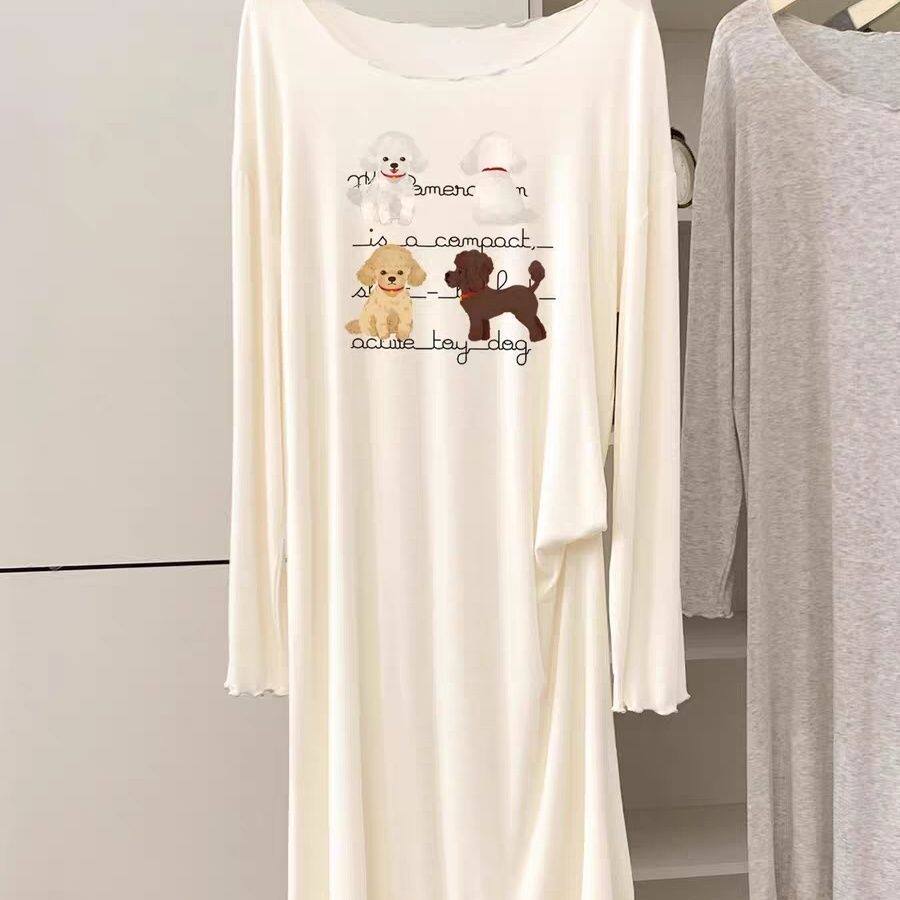 胖MM卡通可爱小狗圆领套头长袖睡裙女款春薄款透气家居服睡衣