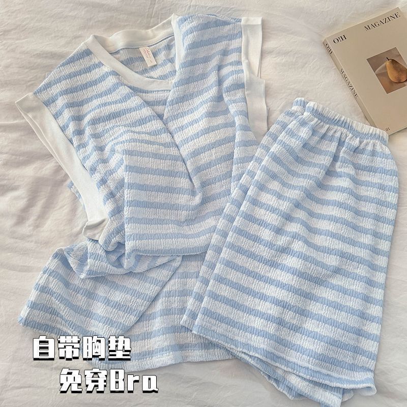 夏季蓝白条纹背心短裤睡衣女套装