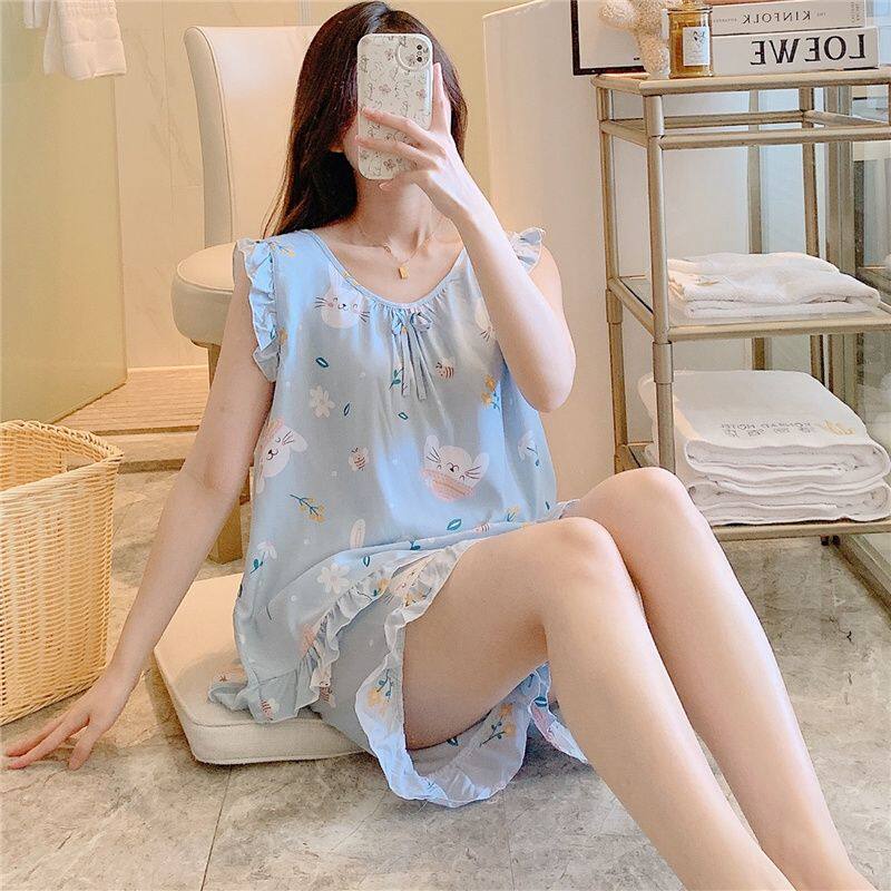 夏季女棉绸无袖薄款外穿睡衣套装
