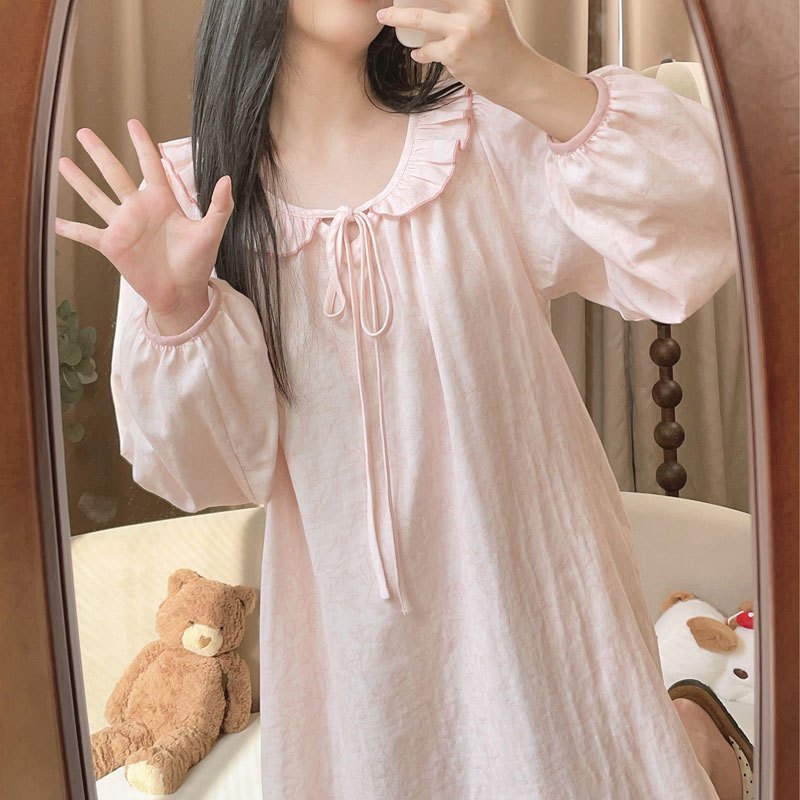 春秋甜美粉色公主长袖睡裙套装