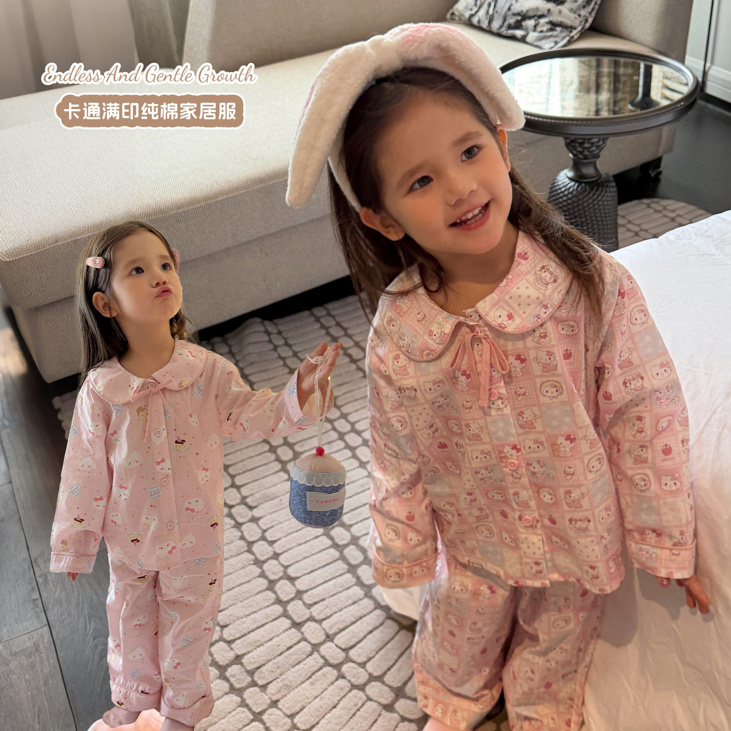 大小卷Heyhoney秋季新款儿童纱布卡通家居服套装棉纱睡衣两件套