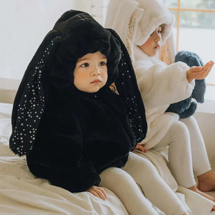 婴幼童兔子耳朵毛绒连体衣2025秋冬款加厚保暖外套男女童爬服