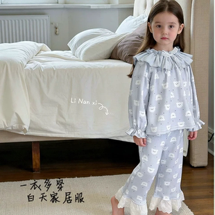 里南希 女童家居服套装2026早春新款女宝睡衣套装花边甜美纯棉a类