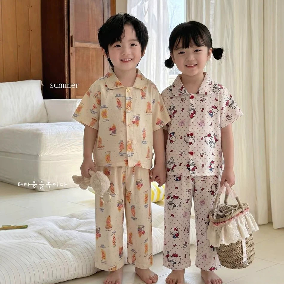 现货大小卷HeyHoney夏款纯棉纱布男女童睡衣短袖儿童家居服套装