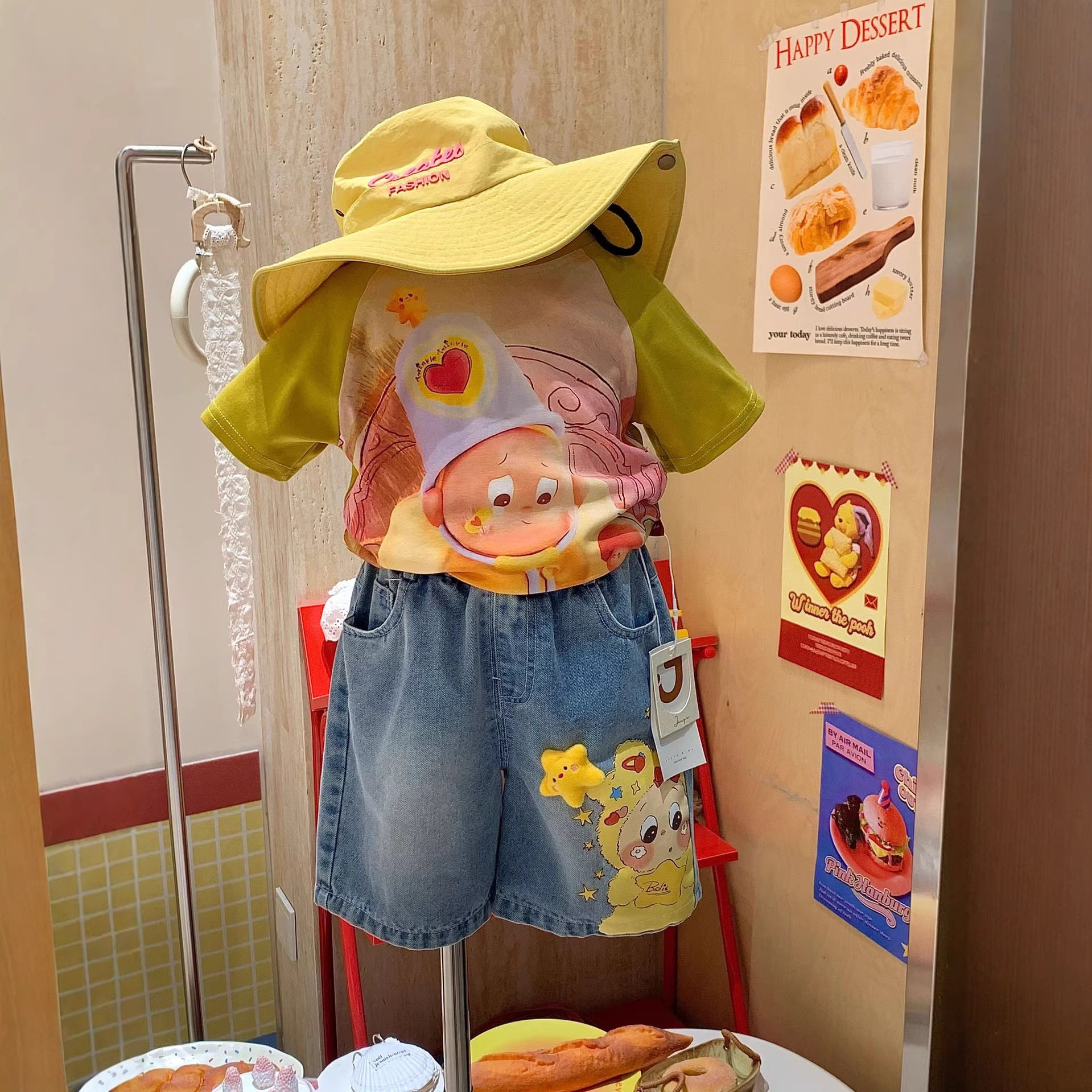 2026新款夏款男女童星星人卡通印花短袖T恤洋气时尚牛仔短裤儿童