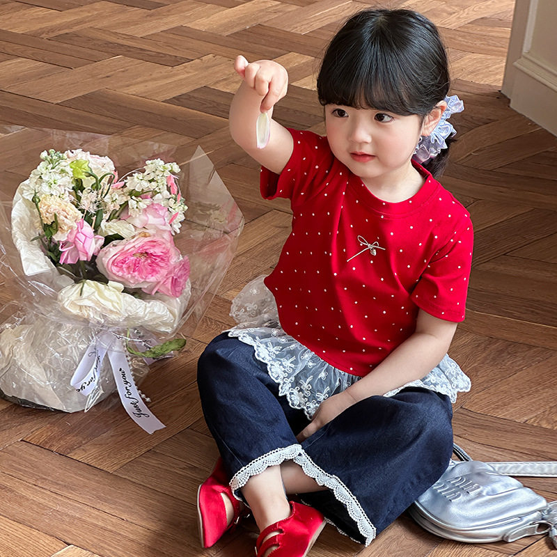 谢金毛女童短袖26新款潮流红色波点女童夏季韩系蕾丝花边T恤上衣
