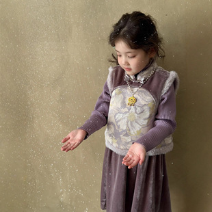 大小卷【紫荷风度】冬季新款女童中国风马甲套装裙儿童新年拜年服