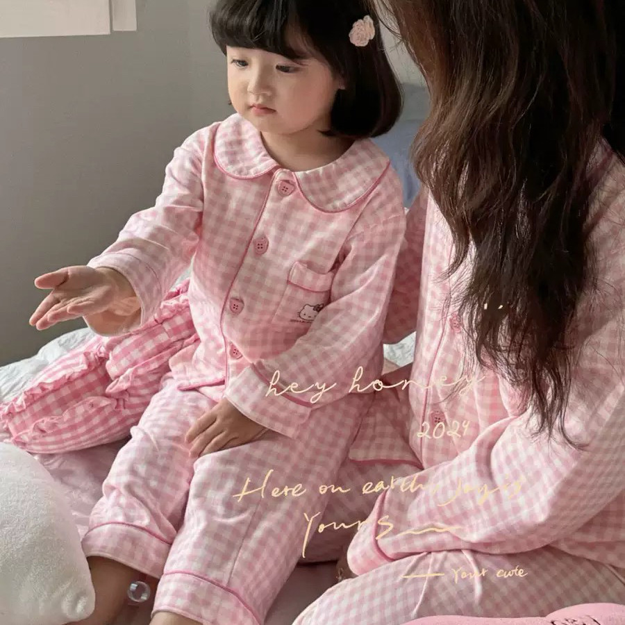 大小卷 25新款亲子款男女儿童长袖家居服套装kitty纯棉睡衣两件套