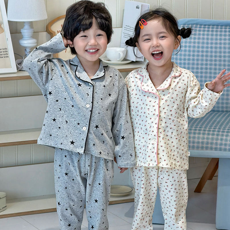 儿童春秋季针织长袖睡衣男女童开衫套装宝宝针织韩系透气家居服新