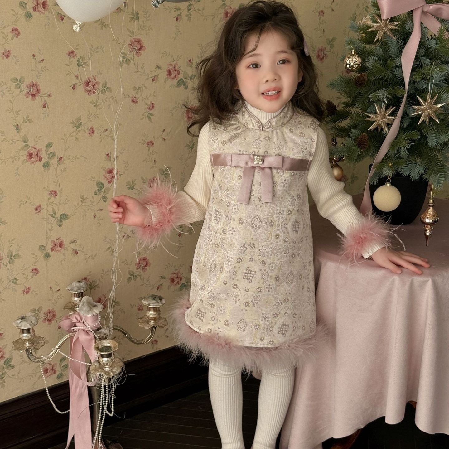 大小卷【粉樱秘语】2025冬季新款女童中国风马甲裙儿童毛毛袖旗袍