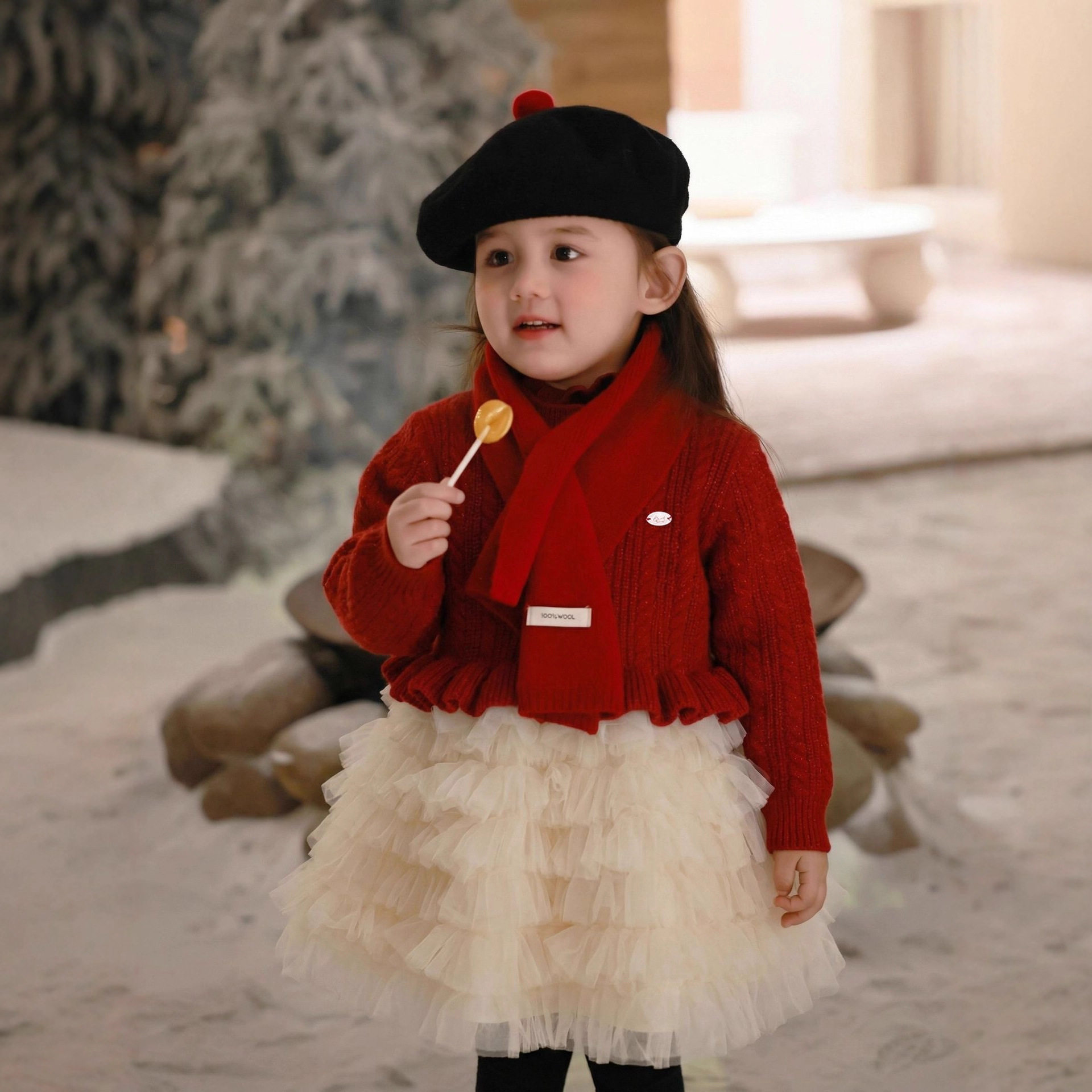 大小卷 女童毛呢小红帽款毛呢大衣圣诞新年外套儿童拼接连衣裙
