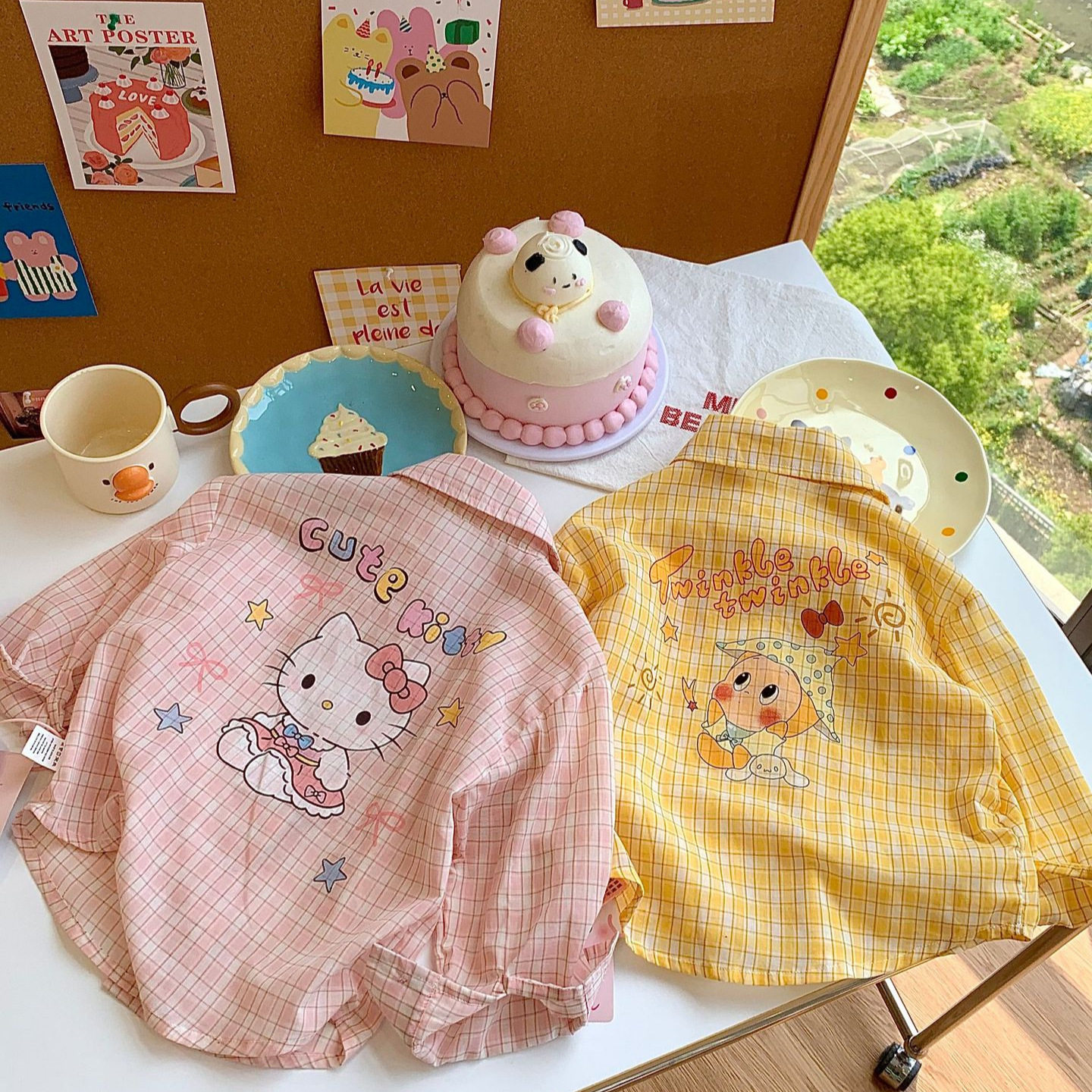 夏季2026新款韩版男女童新款轻薄透气纯棉格纹印花防晒衬衫外套