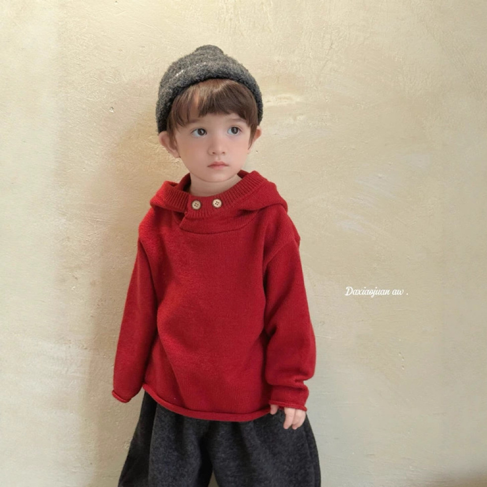 大小卷 2025新款儿童男女童秋冬红色连帽针织毛衣