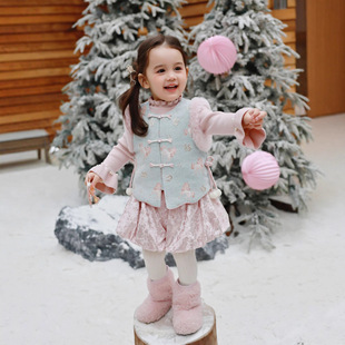 大小卷【蒙马驾到】冬季新款女童中国风马甲套装裙儿童新年拜年服