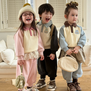 大小卷 加绒套装25冬季新款男宝女宝Polo领拉布布印花一体绒卫衣