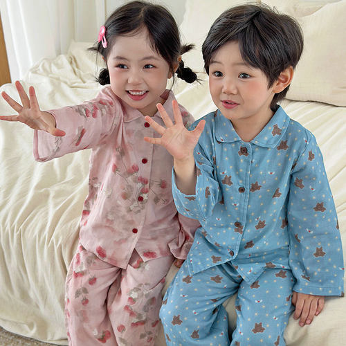 春秋儿童新款棉纱睡衣全棉开衫可外穿家居服中小童宝宝韩版家居服